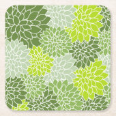 ダリア花、花のパターン、緑のダリア スクエアペーパーコースター (正面)