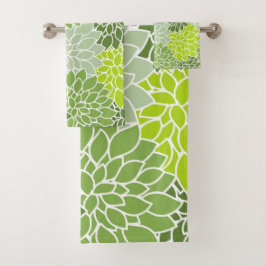 ダリア花、花のパターン、緑のダリア バスタオルセット
