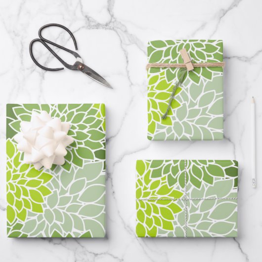 ダリア花、花のパターン、緑のダリア ラッピングペーパーシート (正面)