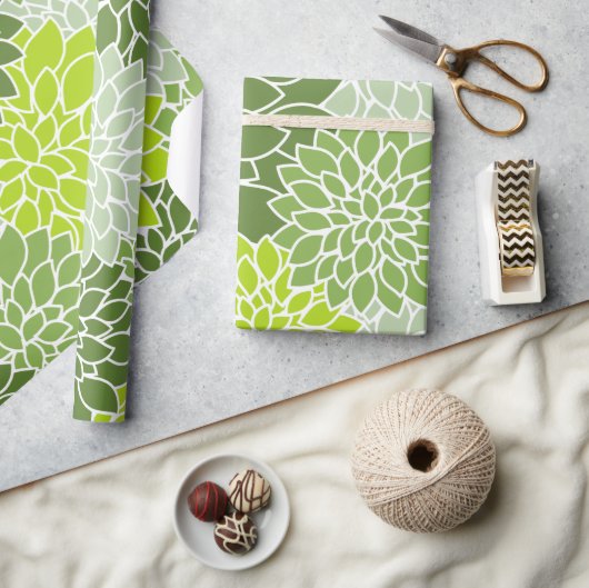 ダリア花、花のパターン、緑のダリア ラッピングペーパー (クラフト)