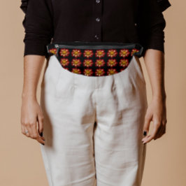 ダリア赤と白フローラルパターンオンブラック ファニーパック