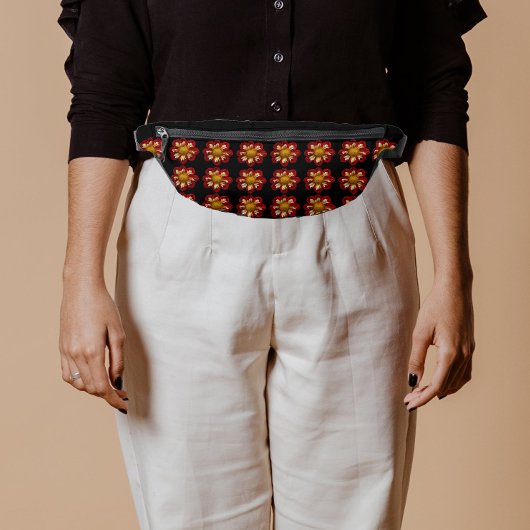 ダリア赤と白フローラルパターンオンブラック ファニーパック