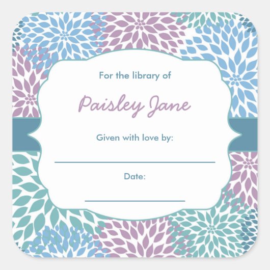 ダリア開花予約ベビーシャワー蔵書票 スクエアシール (正面)