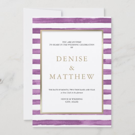 ダリア パープル ウォーターカラー ストライプ & ゴールド レタリング 招待状 (正面)