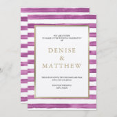 ダリア パープル ウォーターカラー ストライプ & ゴールド レタリング 招待状 (正面/裏面)