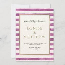 ダリア パープル ウォーターカラー ストライプ & ゴールド レタリング 招待状