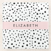ダルマのドット、スポット、白黒、あなたの名前 ガラスコースター (正面)