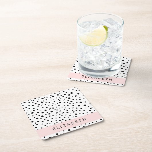 ダルマのドット、スポット、白黒、あなたの名前 スクエアペーパーコースター (インサイチュ)