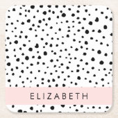 ダルマのドット、スポット、白黒、あなたの名前 スクエアペーパーコースター (正面)