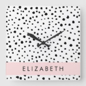 ダルマのドット、スポット、白黒、あなたの名前 スクエア壁時計 (正面)