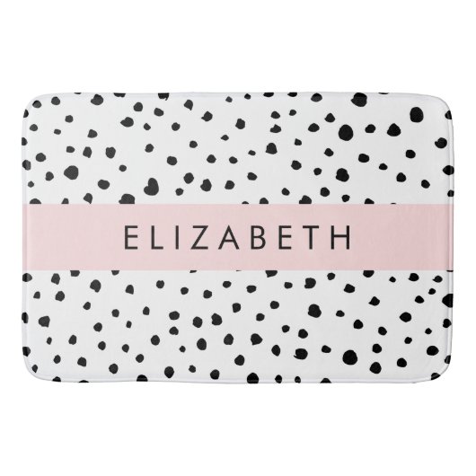 ダルマのドット、スポット、白黒、あなたの名前 バスマット (正面)