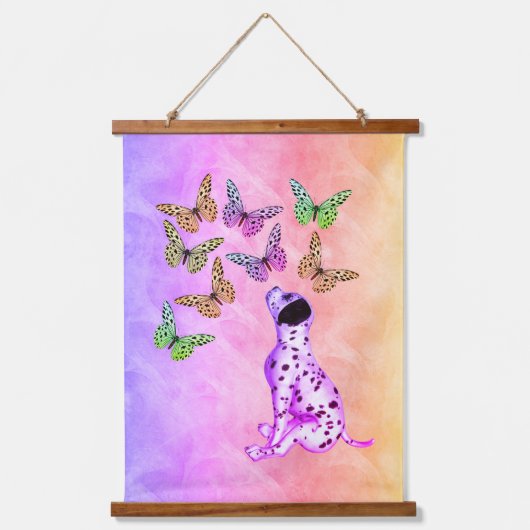ダルマの子犬とカラフル蝶 吊り下げ型タペストリー (正面)