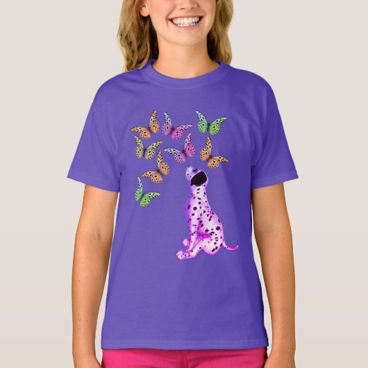 ダルマの子犬とカラフル蝶 Tシャツ (正面)