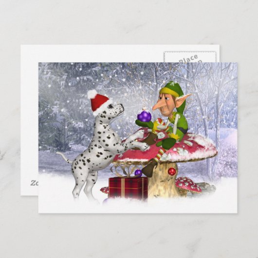 ダルマチアの子犬と小妖精や小人付きホリデーカード シーズンポストカード (正面/裏面)