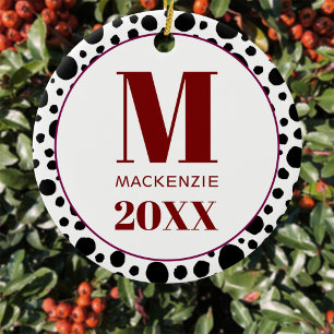 ダルマチアンスポットモノグラム名赤と白年 セラミックオーナメント