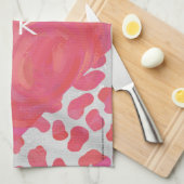 ダルマチアンピンクと白とモノグラム キッチンタオル (四つ折り)