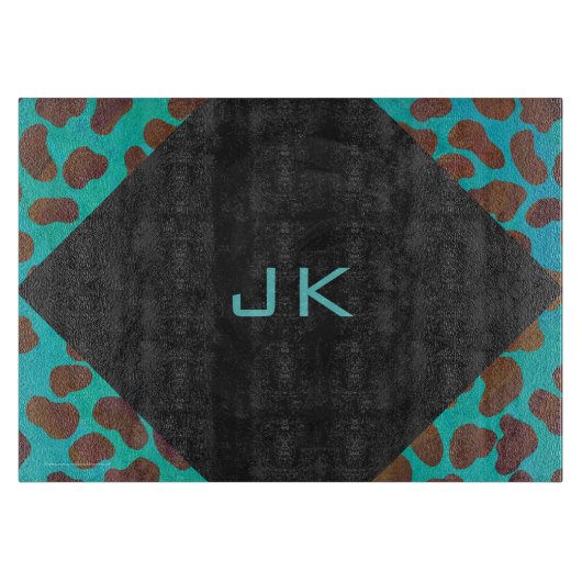 ダルマチアンブラウンとモノグラムティール(緑がかった色) カッティングボード (正面)