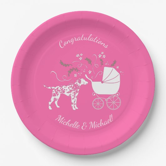 ダルマチアン犬の赤ちゃんシャワーパピーピンクの女の子 ペーパープレート (正面)
