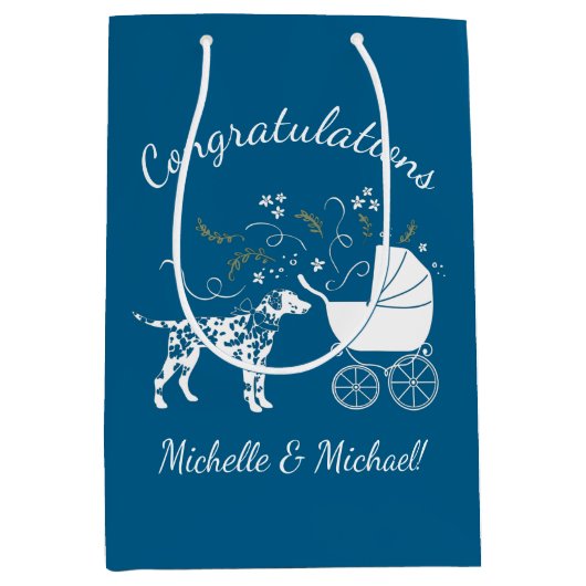 ダルマチアン犬の赤ちゃんシャワーパピーピンクの女の子 ミディアムペーパーバッグ (正面)