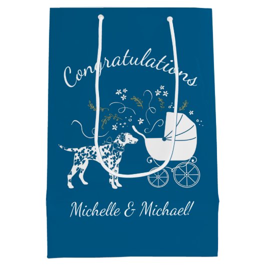 ダルマチアン犬の赤ちゃんシャワーパピーピンクの女の子 ミディアムペーパーバッグ (裏面)