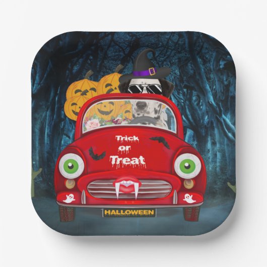 ダルマチアン犬の車を運転する怖いハロウィーン ペーパープレート (正面)