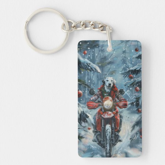 ダルマチアン犬オートバイのクリスマスに乗る キーホルダー (正面)