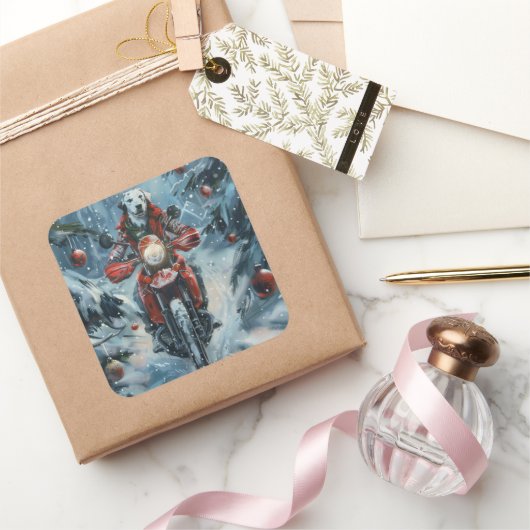 ダルマチアン犬オートバイのクリスマスに乗る スクエアシール (ギフト)