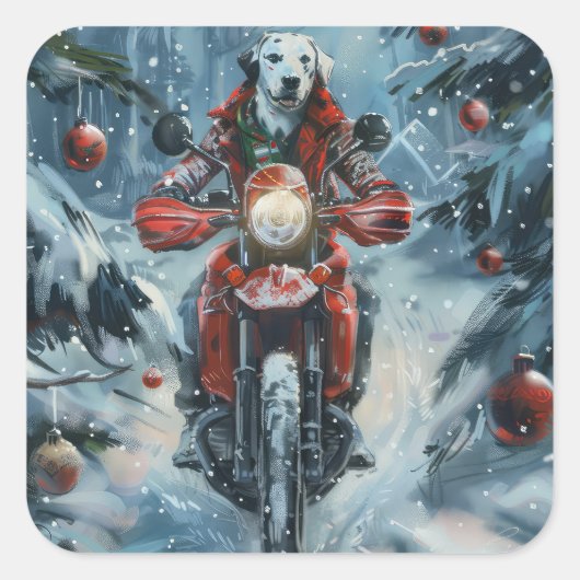 ダルマチアン犬オートバイのクリスマスに乗る スクエアシール (正面)