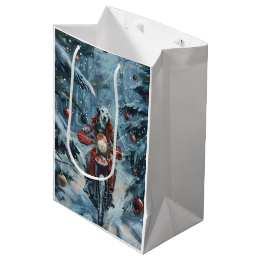 ダルマチアン犬オートバイのクリスマスに乗る ミディアムペーパーバッグ (正面アングル)