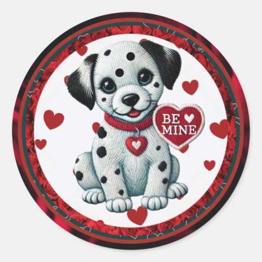 ダルマチ子犬の丸いシール – Be Mine Valentine ラウンドシール (正面)