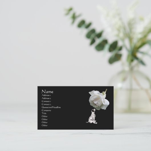 ダルマティアンの子犬の白いバラ動物の名刺 名刺 (スタンド正面)