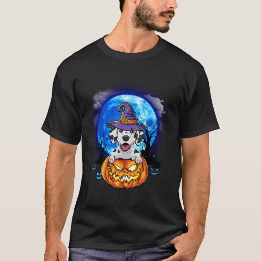 ダルマティアンウィッチムーンカボチャ怖いハロウィーンドッグL Tシャツ (正面)