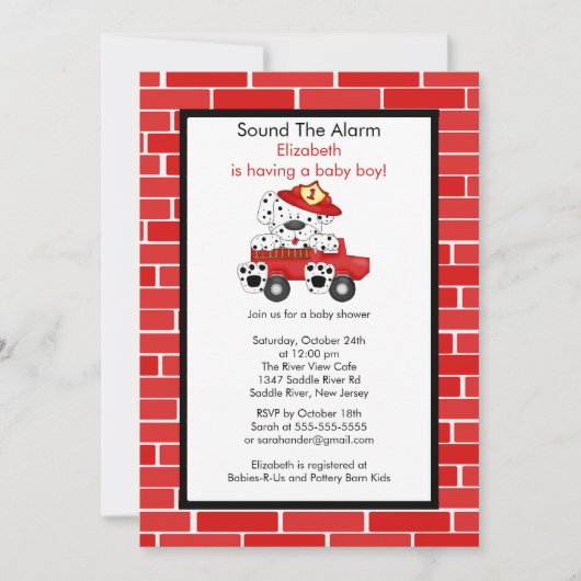 ダルマティアンファイヤートラックボーイベビーシャワー招待状 招待状 (正面)