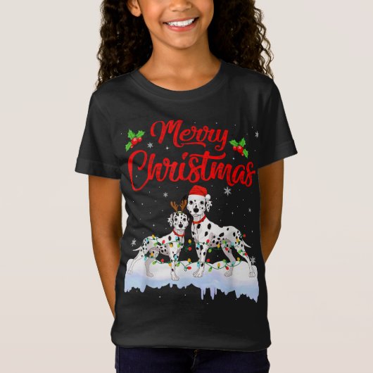 ダルマティアン犬のクリスマスおもしろいライトハットサンタxma tシャツ (正面)