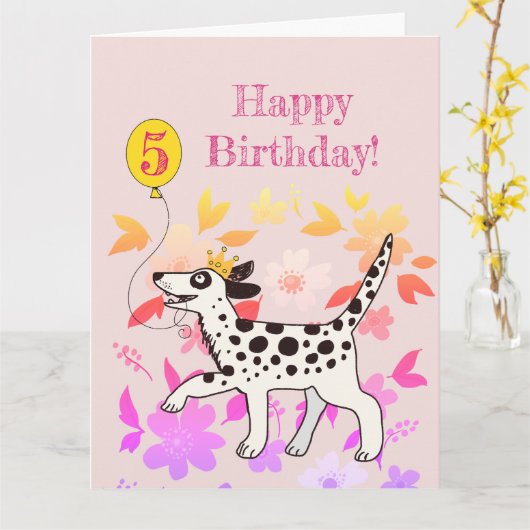 ダルメシアンの犬が5歳の誕生日おめでとう! カード (黄色い花)