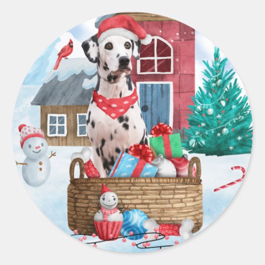 ダルメシアン犬の雪中のクリスマス犬小屋 ラウンドシール (正面)