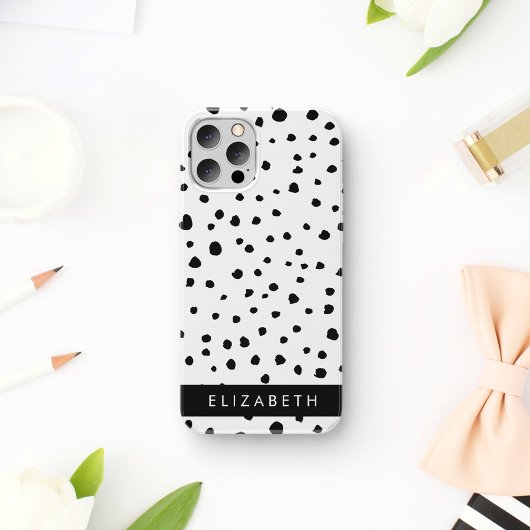 ダルメシアン ドット、スポット、黒と白、お名前 iPhone 16ケース