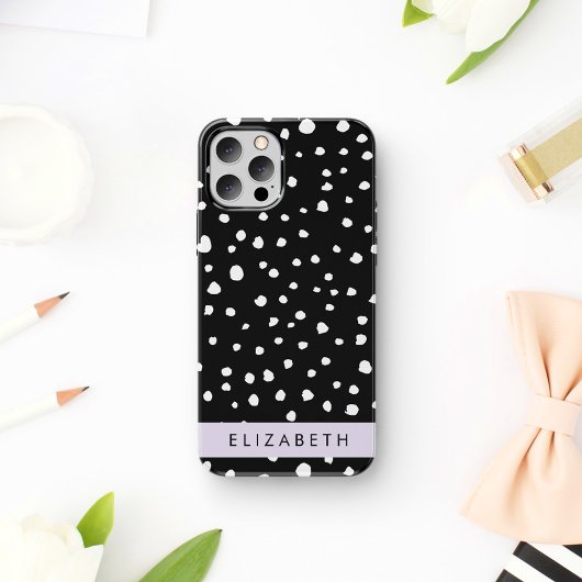 ダルメシアン ドット、スポット、黒と白、お名前 iPhone 16ケース