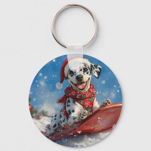 ダルメシアン+犬+そり+雪だるま+クリスマス キーホルダー (正面)