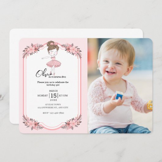 ダンエレガントサ |ピンクのフローラガールバースデーパーティー 招待状 (正面/裏面)