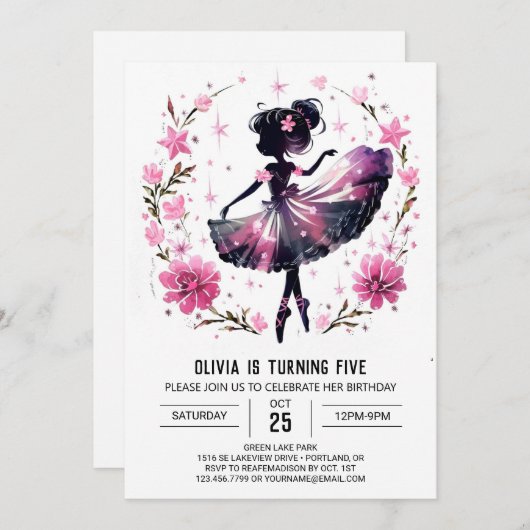 ダンサーエディットバレリーナ誕生日 招待状 (正面/裏面)