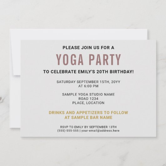 ダンサーポーズフィットネスウーマンヨガバースデーパーティー 招待状 (裏面)
