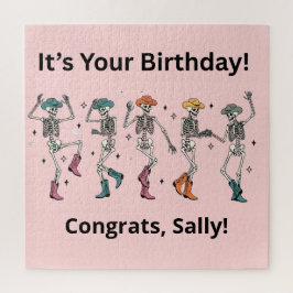 ダンシングカウガールかカウボーイスケルトン ピンクの誕生日 ジグソーパズル