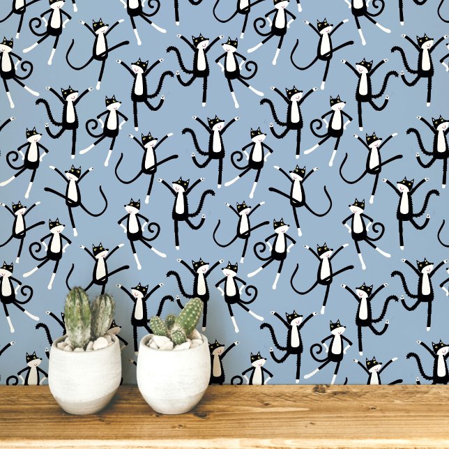 ダンシングキャットの模様　ブルー 壁紙 (Fun black and white tuxedo cat pattern blue peel and stick art wallpaper)