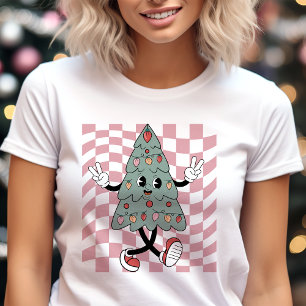ダンシングクリスマスツリーピンクチェックレトロ トライブレンドTシャツ
