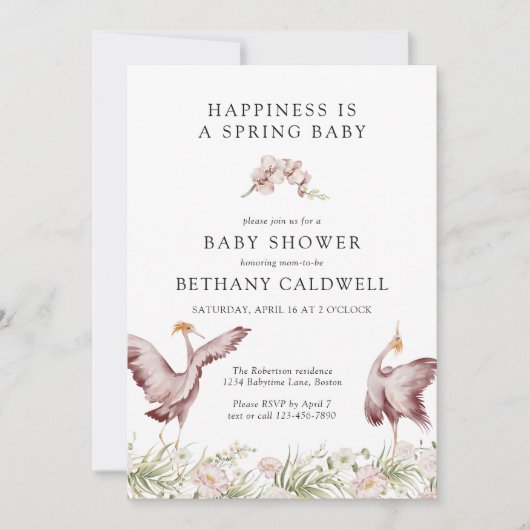 ダンシングクレーン春の花の赤ちゃんシャワー 招待状 (正面)