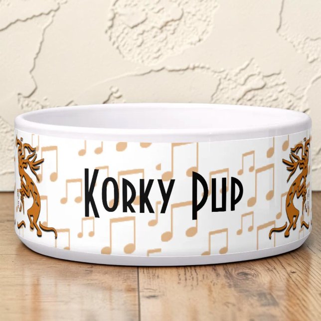 ダンシングココペリ・メリーメーカーと音符 ボウル (Kokopelli and musical notes custom pet bowl.)