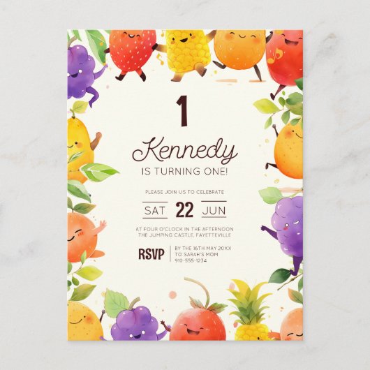 ダンシングフルーツの誕生日招待状 ポストカード (正面)