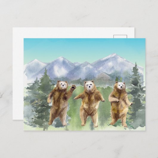 ダンシングベアの水彩画 エバーグリーン風景 ポストカード (正面/裏面)