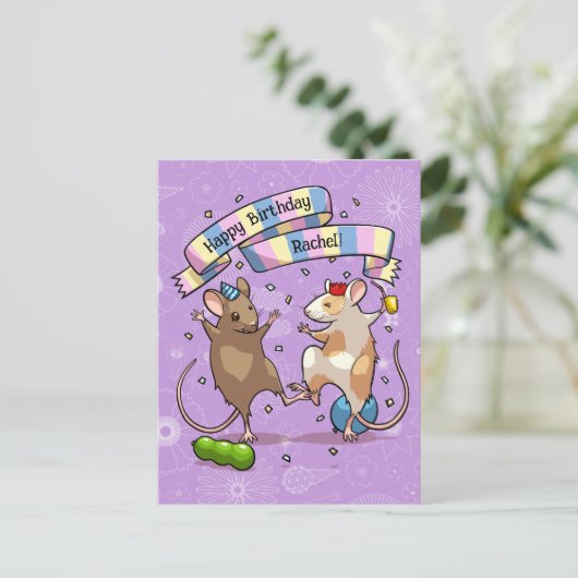 ダンシングマウスがハッピーバースデーパーティーの名前を追加 ポストカード (スタンド正面)